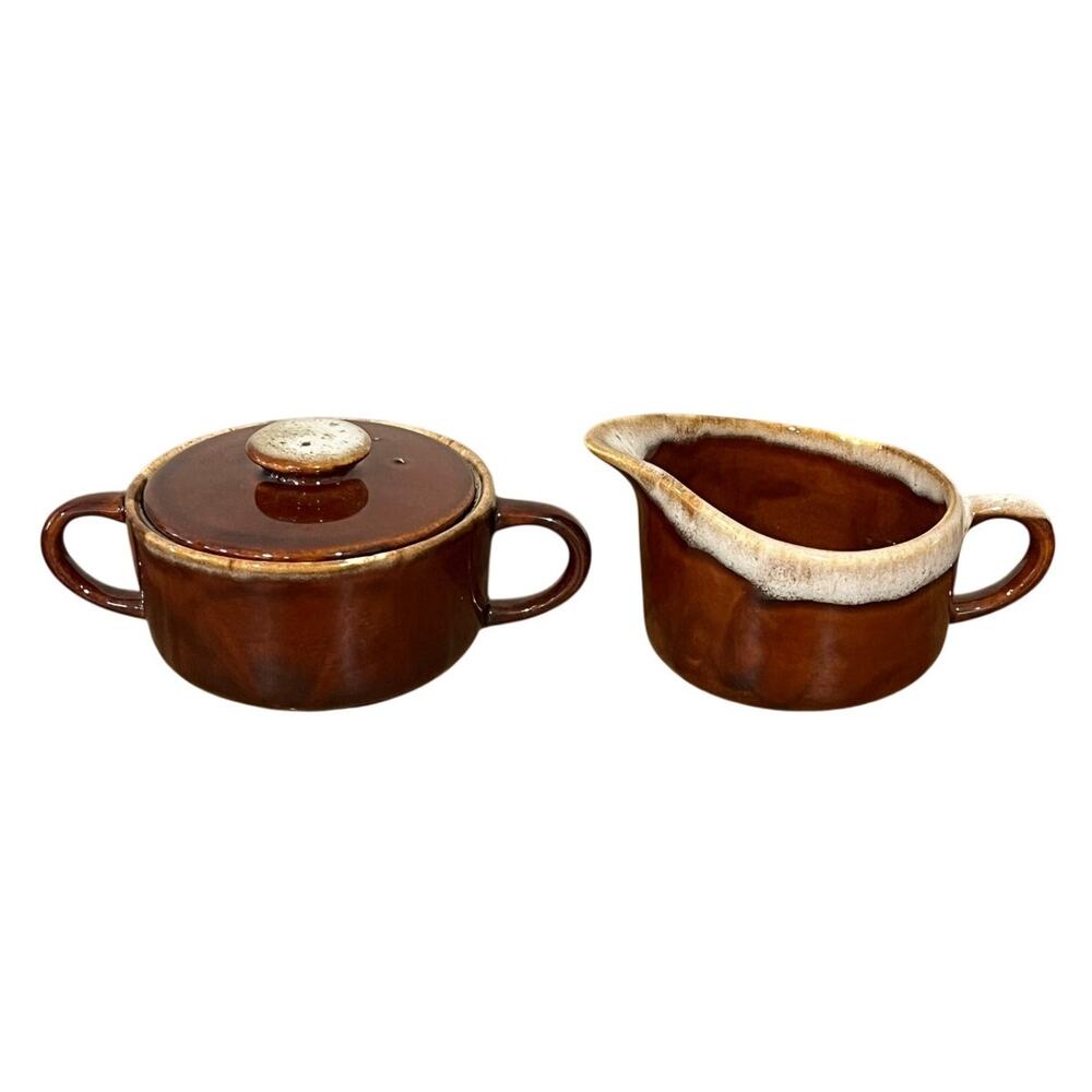 Vintage Brown Drip Glaze‎ Creamer and Sugar Bowl Set MCM Farmhouse Kitchen Decor